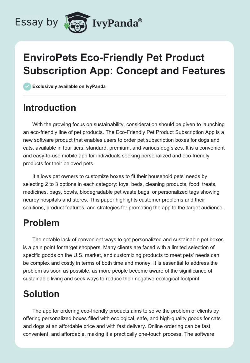 EnviroPets Eco-Friendly Pet Product Subscription App: Concept and Features. Page 1