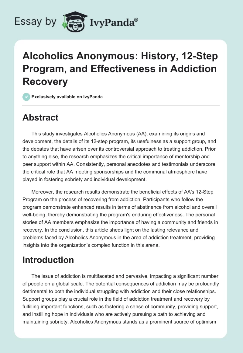 Alcoholics Anonymous: History, 12-Step Program, and Effectiveness in Addiction Recovery. Page 1