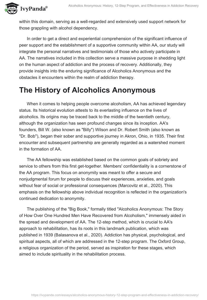 Alcoholics Anonymous: History, 12-Step Program, and Effectiveness in Addiction Recovery. Page 2