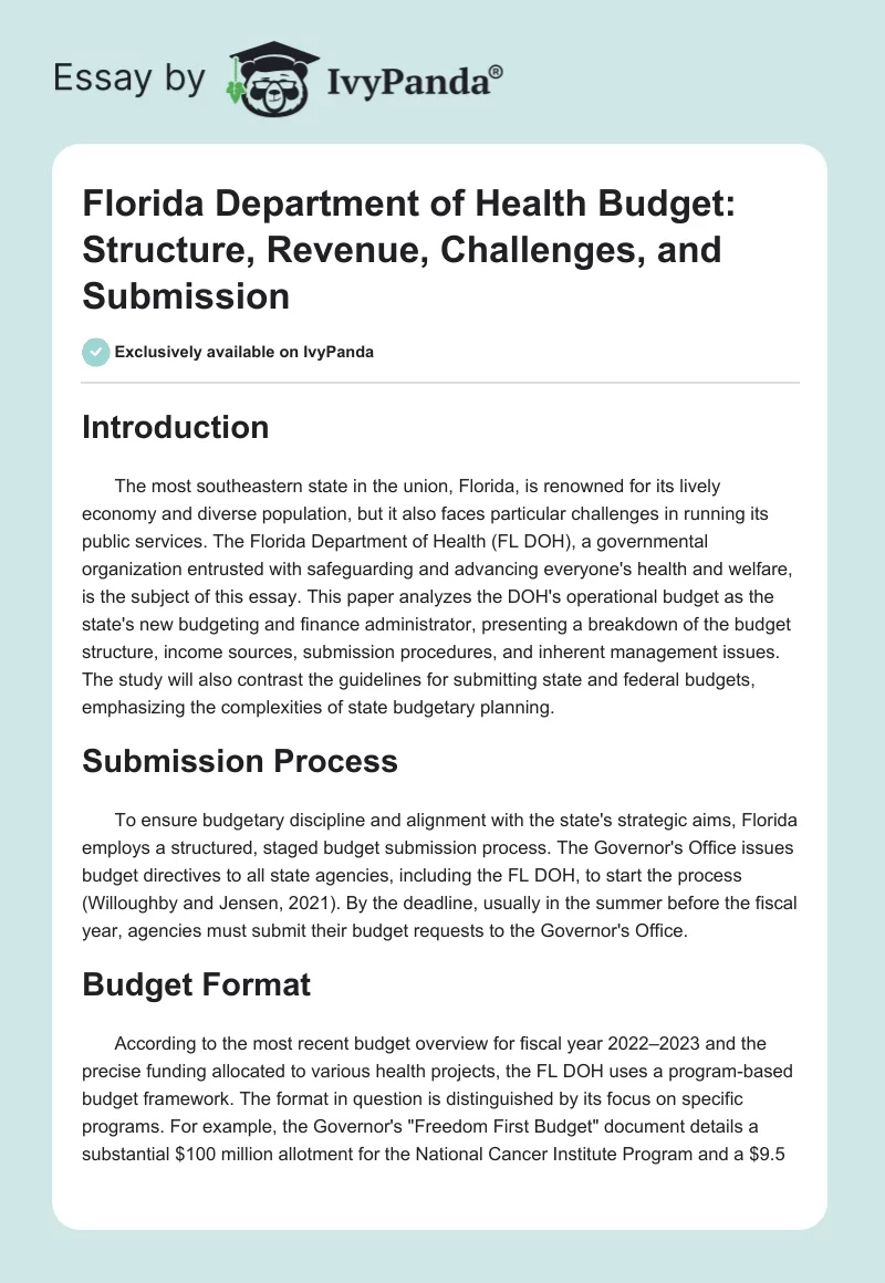 Florida Department of Health Budget: Structure, Revenue, Challenges, and Submission. Page 1