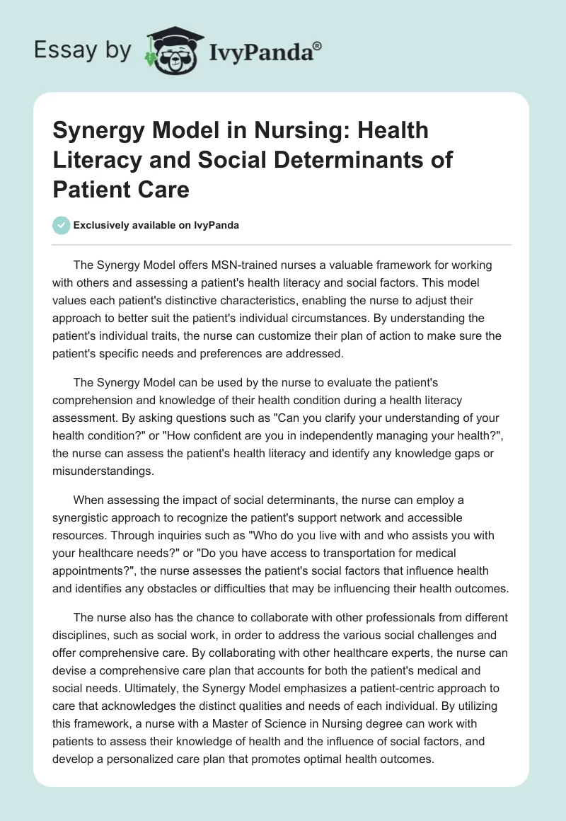 Synergy Model in Nursing: Health Literacy and Social Determinants of Patient Care. Page 1