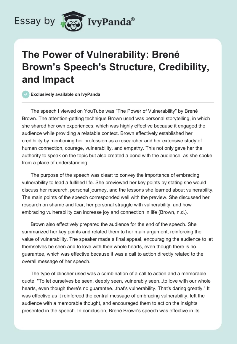 "The Power of Vulnerability": Brené Brown’s Speech's Structure, Credibility, and Impact. Page 1