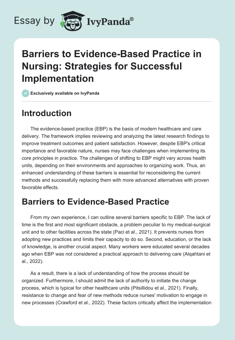 Barriers to Evidence-Based Practice in Nursing: Strategies for Successful Implementation. Page 1