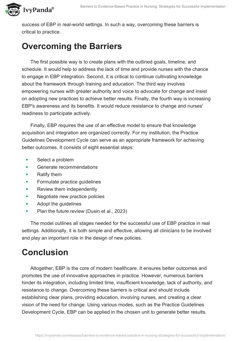 Barriers to Evidence-Based Practice in Nursing: Strategies for Successful Implementation. Page 2