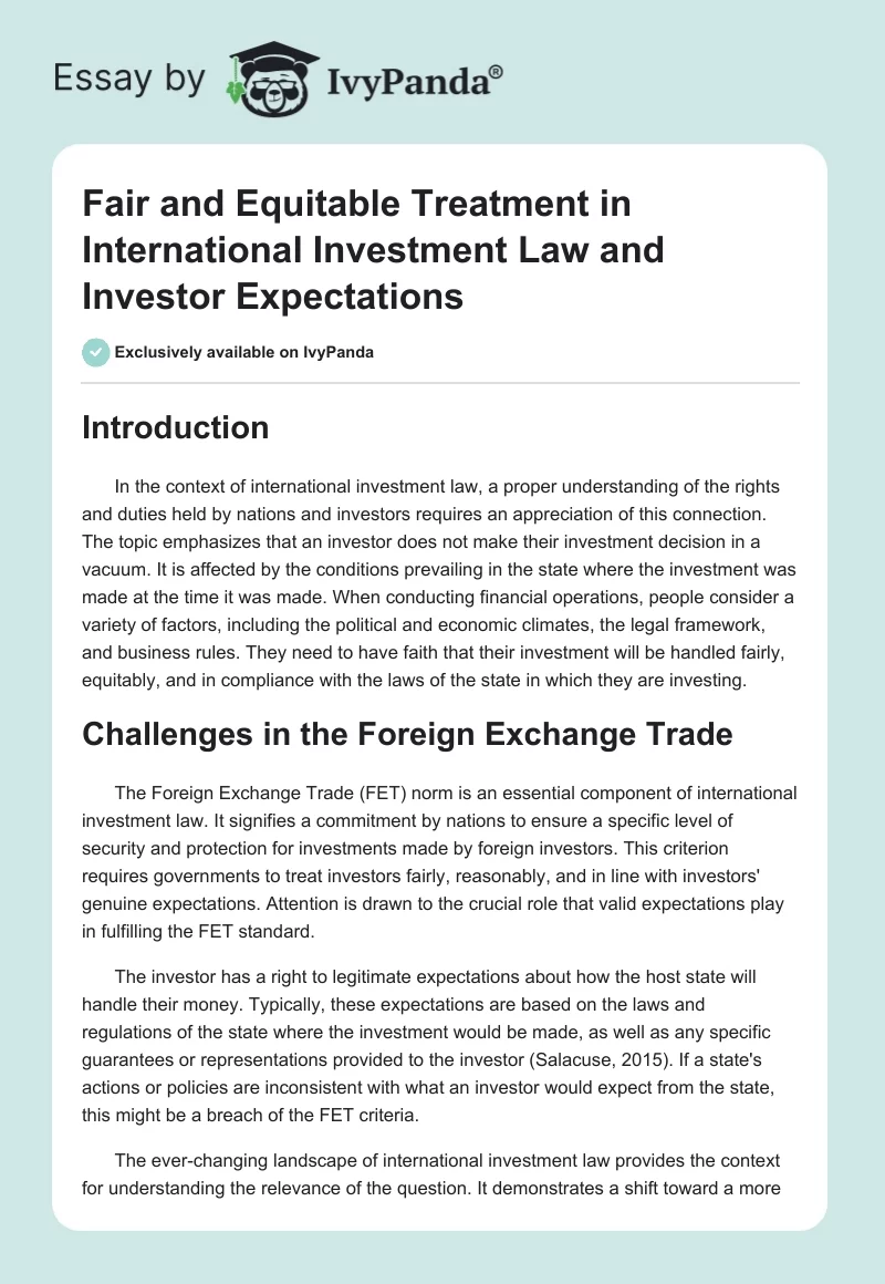Fair and Equitable Treatment in International Investment Law and Investor Expectations. Page 1