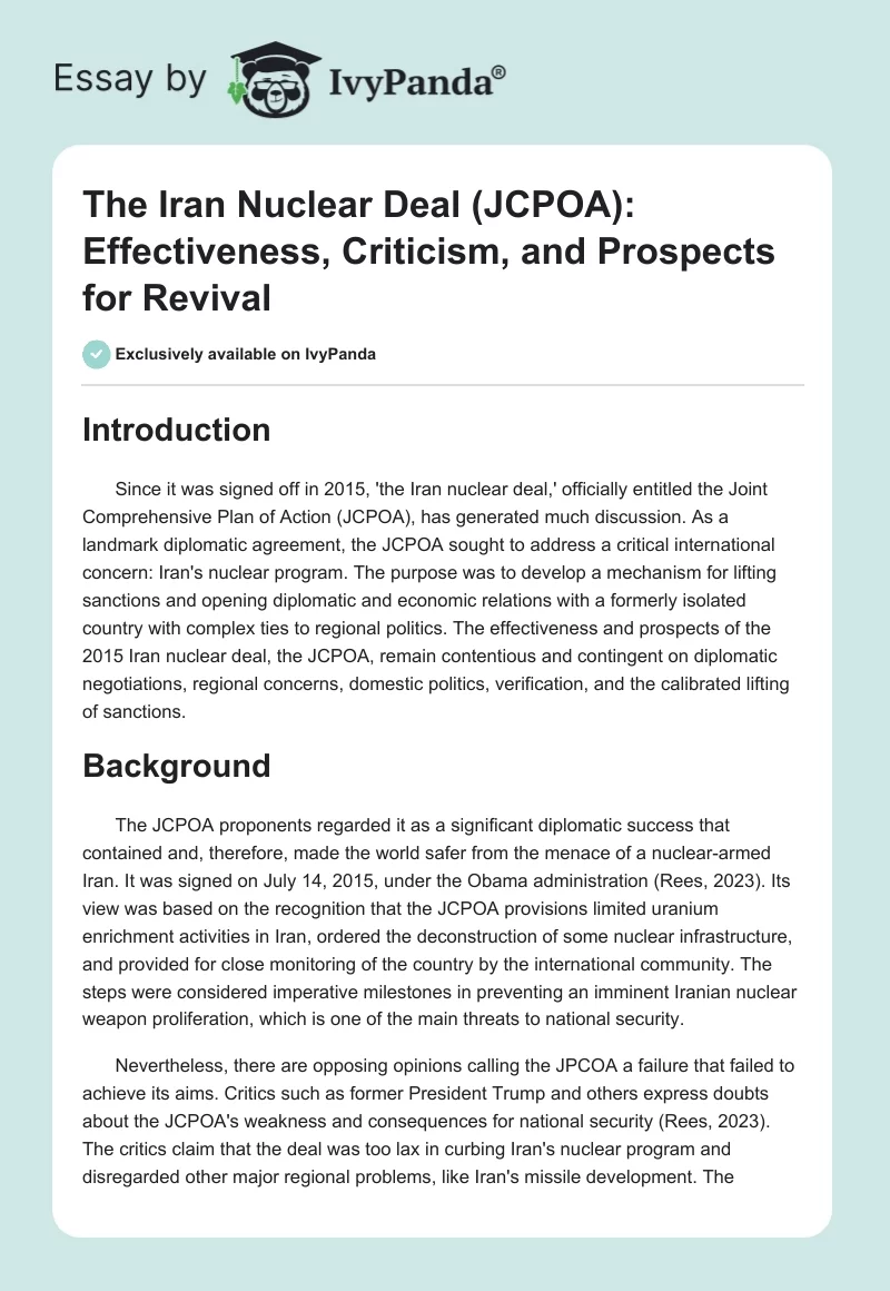 The Iran Nuclear Deal (JCPOA): Effectiveness, Criticism, and Prospects for Revival. Page 1