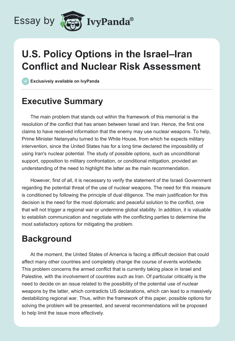 U.S. Policy Options in the Israel–Iran Conflict and Nuclear Risk Assessment. Page 1