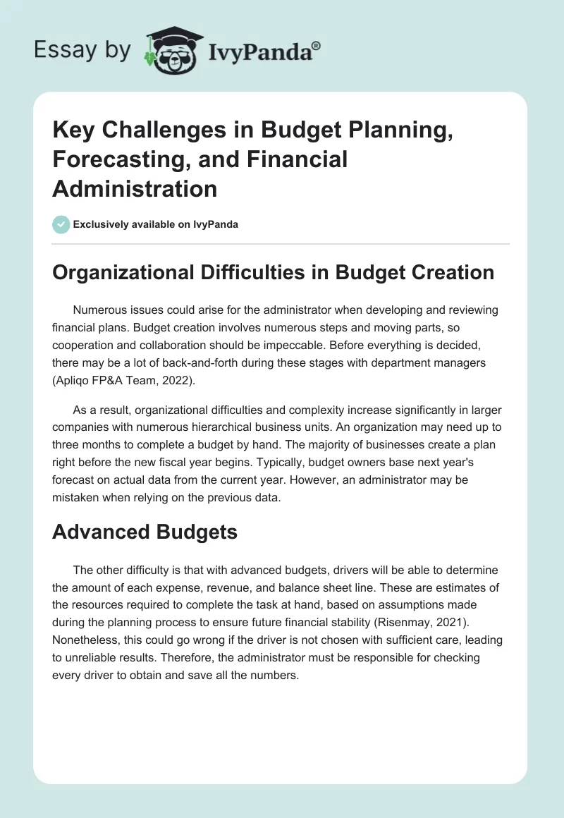 Key Challenges in Budget Planning, Forecasting, and Financial Administration. Page 1