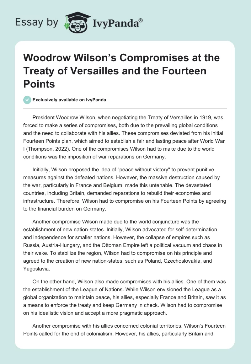 Woodrow Wilson’s Compromises at the Treaty of Versailles and the Fourteen Points. Page 1