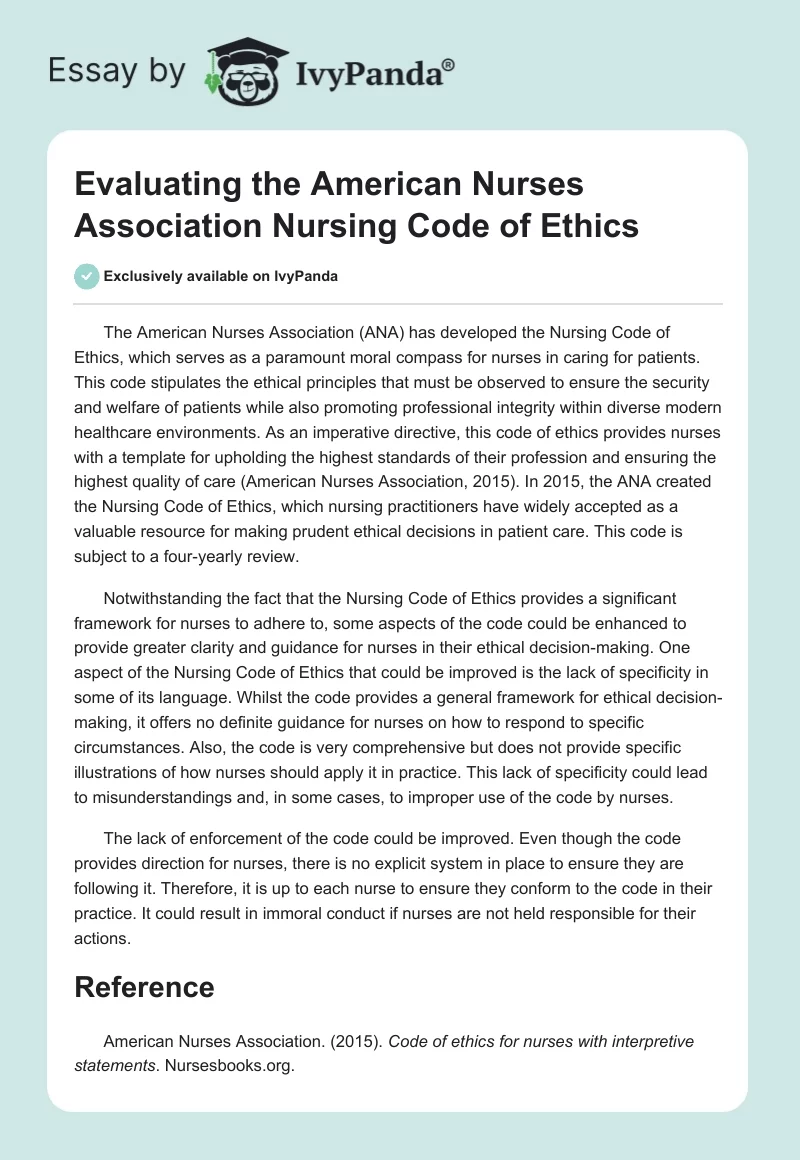 Evaluating the American Nurses Association Nursing Code of Ethics. Page 1