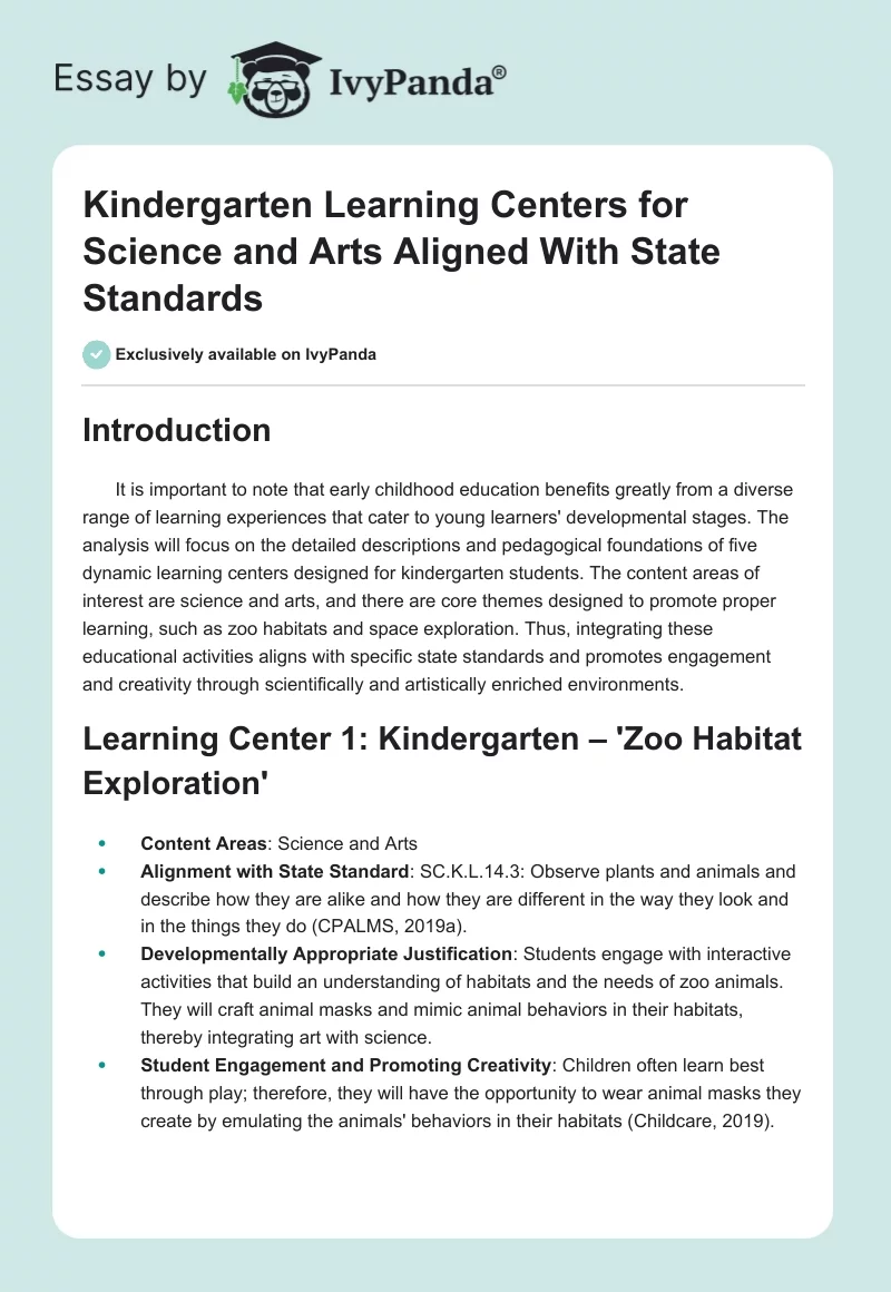 Kindergarten Learning Centers for Science and Arts Aligned With State Standards. Page 1