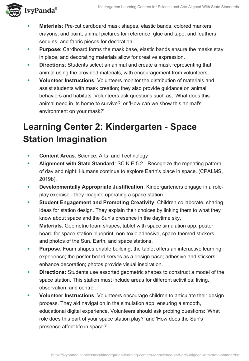 Kindergarten Learning Centers for Science and Arts Aligned With State Standards. Page 2