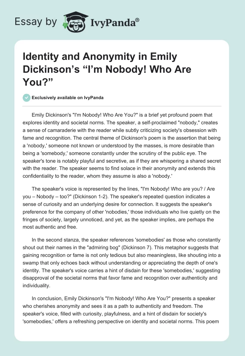 Identity and Anonymity in Emily Dickinson’s “I’m Nobody! Who Are You?”. Page 1