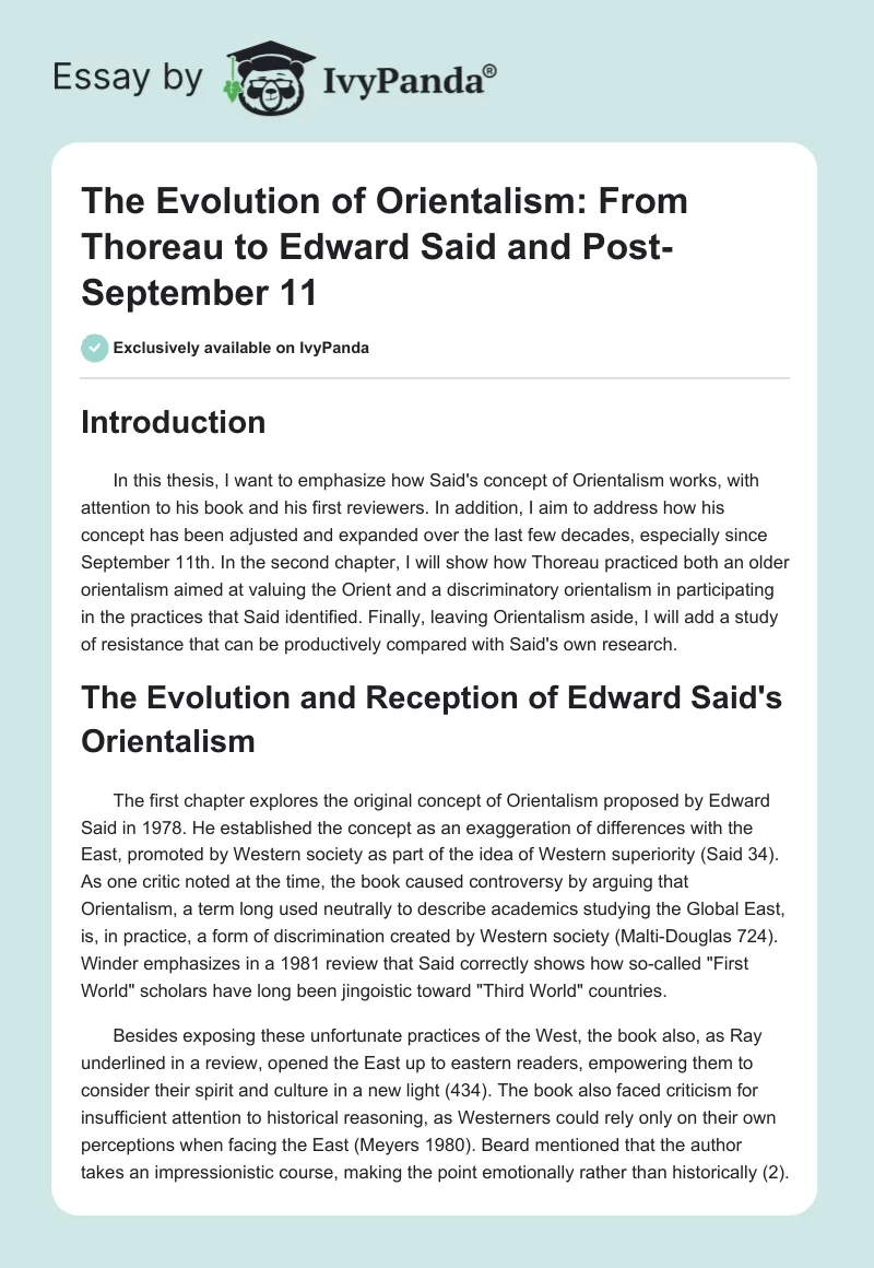 The Evolution of Orientalism: From Thoreau to Edward Said and Post-September 11. Page 1