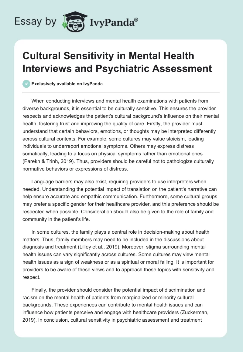 Cultural Sensitivity in Mental Health Interviews and Psychiatric Assessment. Page 1