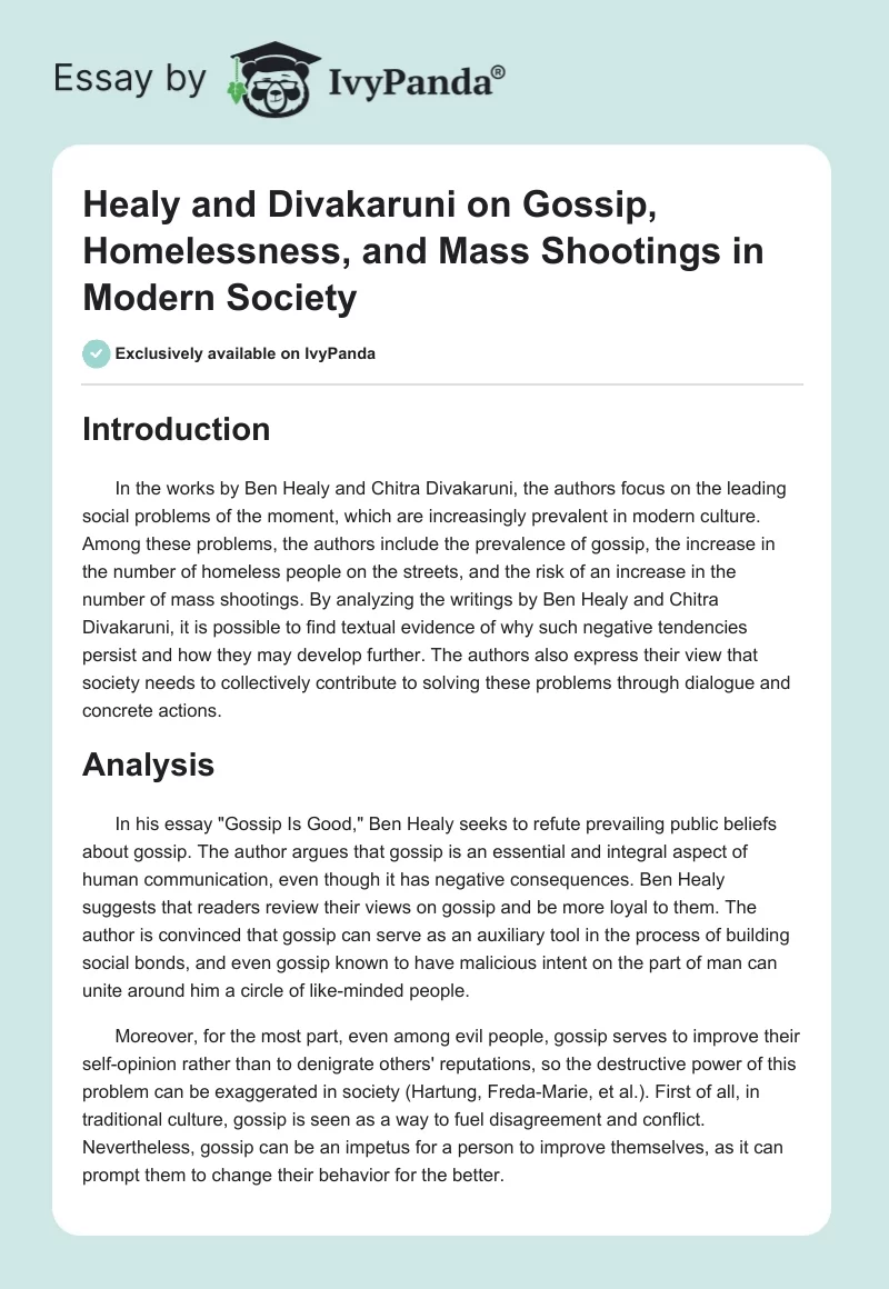 Healy and Divakaruni on Gossip, Homelessness, and Mass Shootings in Modern Society. Page 1
