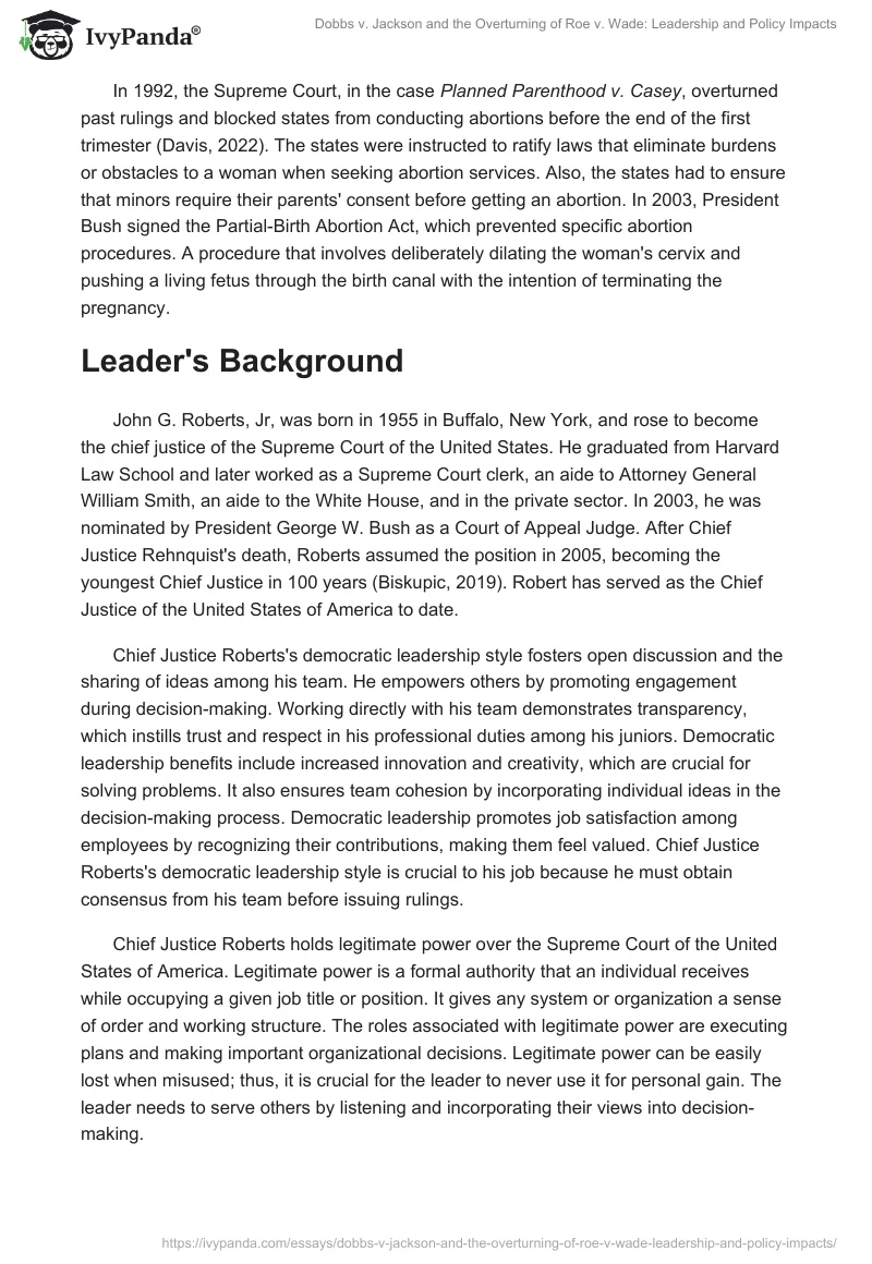 Dobbs v. Jackson and the Overturning of Roe v. Wade: Leadership and Policy Impacts. Page 2