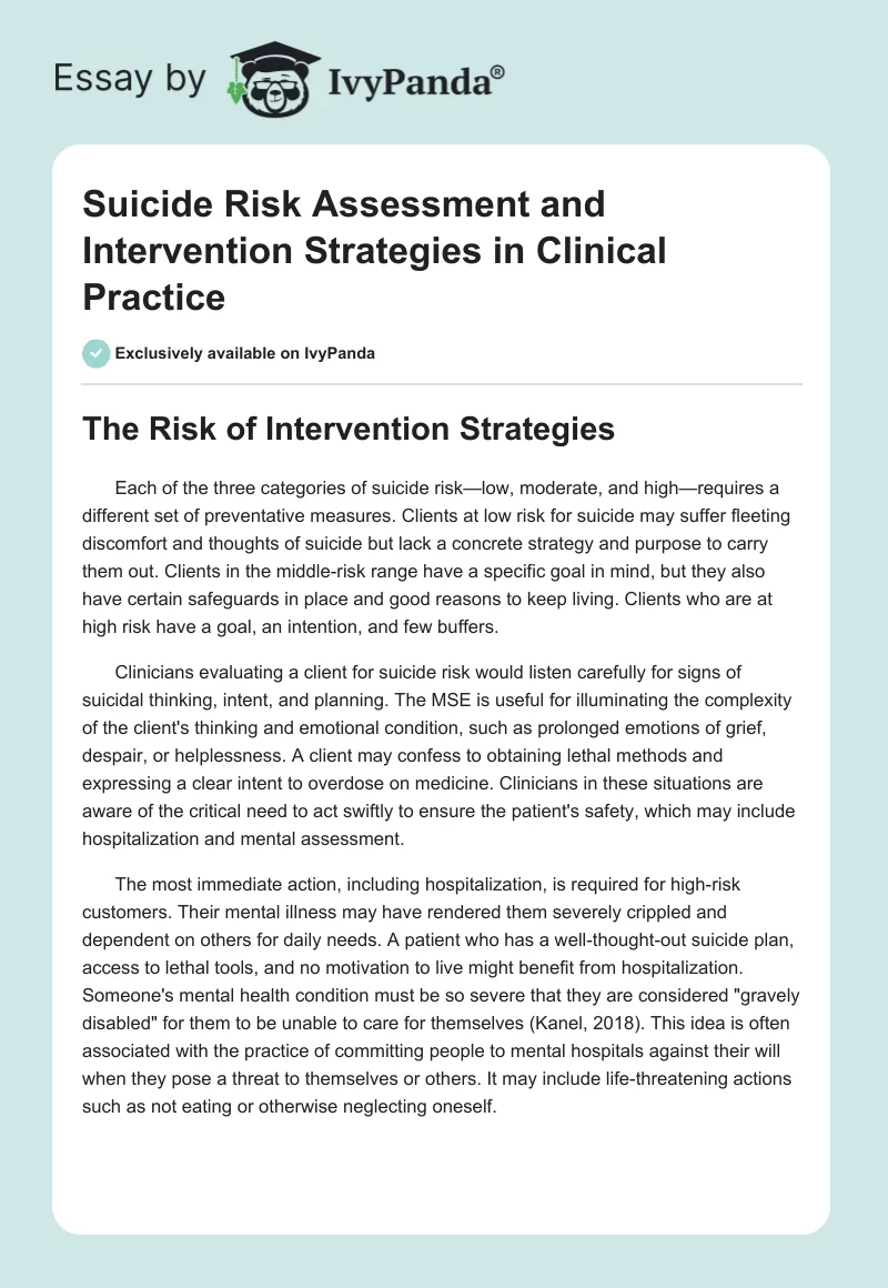 Suicide Risk Assessment and Intervention Strategies in Clinical Practice. Page 1