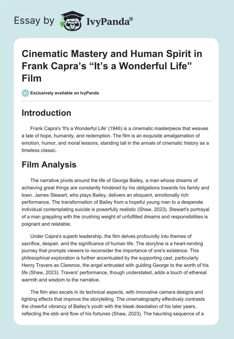 Cinematic Mastery and Human Spirit in Frank Capra’s “It’s a Wonderful Life” Film. Page 1