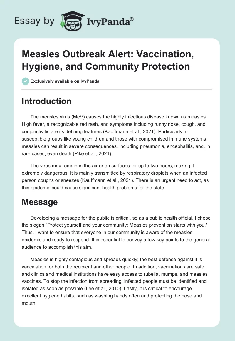 Measles Outbreak Alert: Vaccination, Hygiene, and Community Protection. Page 1