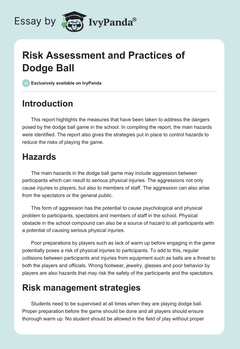 Risk Assessment and Practices of Dodge Ball. Page 1