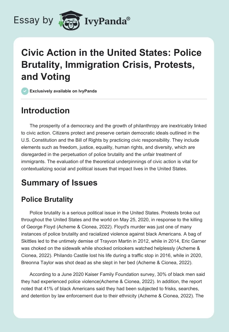 Civic Action in the United States: Police Brutality, Immigration Crisis, Protests, and Voting. Page 1