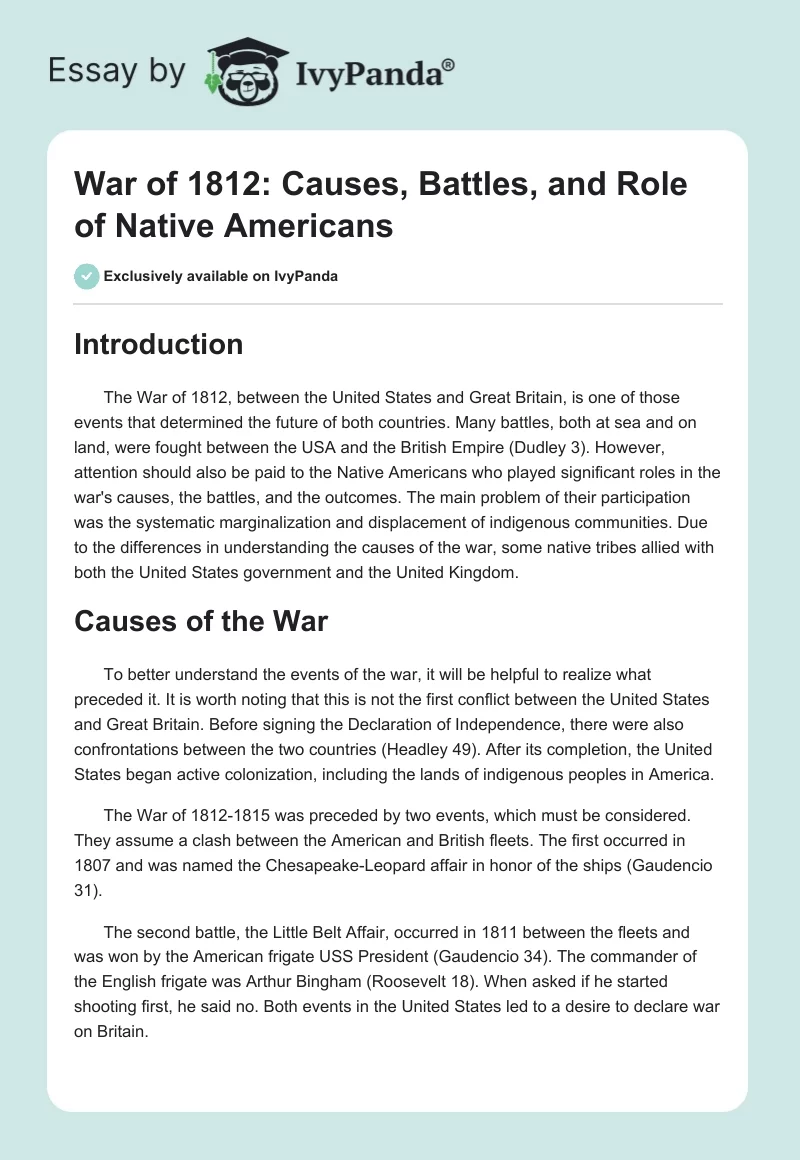 War of 1812: Causes, Battles, and Role of Native Americans. Page 1