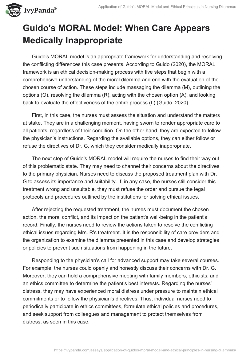 Application of Guido’s MORAL Model and Ethical Principles in Nursing Dilemmas. Page 2