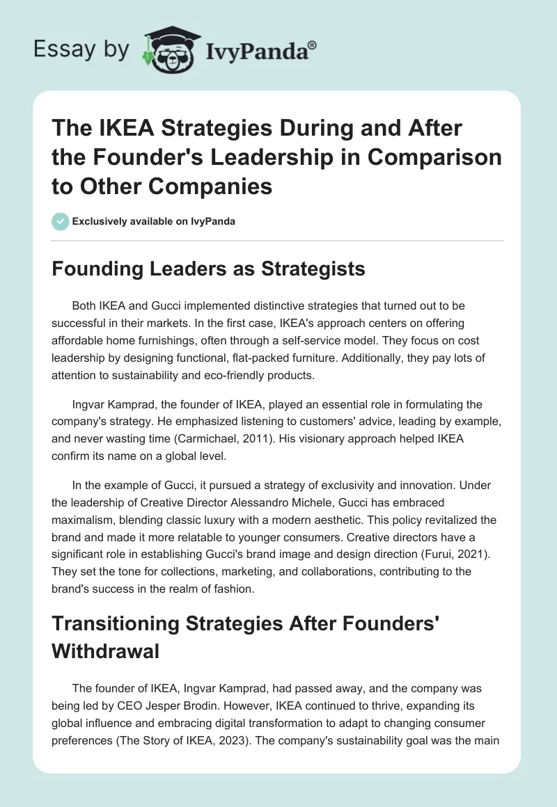 The IKEA Strategies During and After the Founder's Leadership in Comparison to Other Companies. Page 1