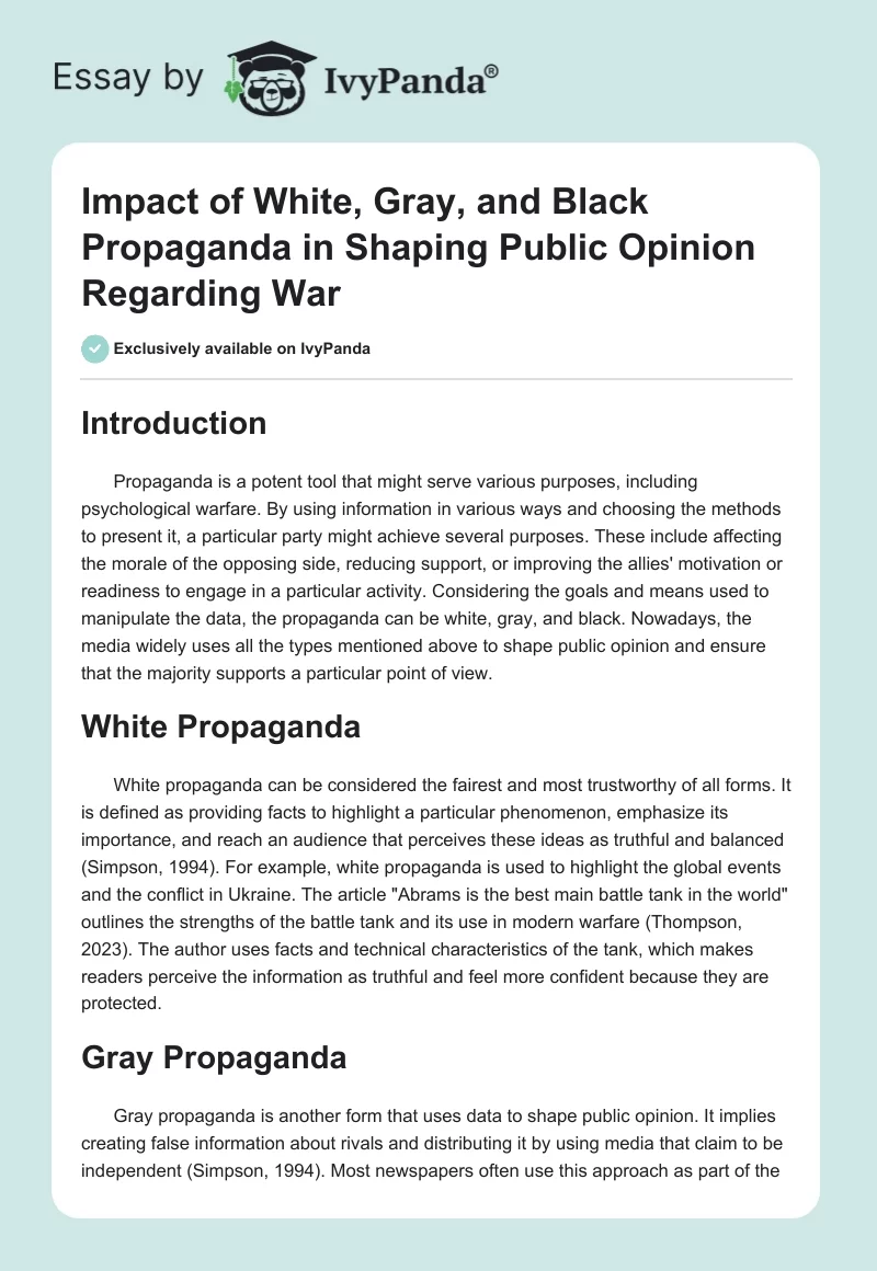 Impact of White, Gray, and Black Propaganda in Shaping Public Opinion Regarding War. Page 1