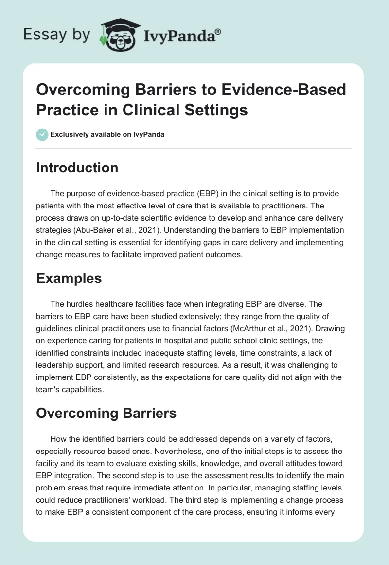 Overcoming Barriers to Evidence-Based Practice in Clinical Settings. Page 1