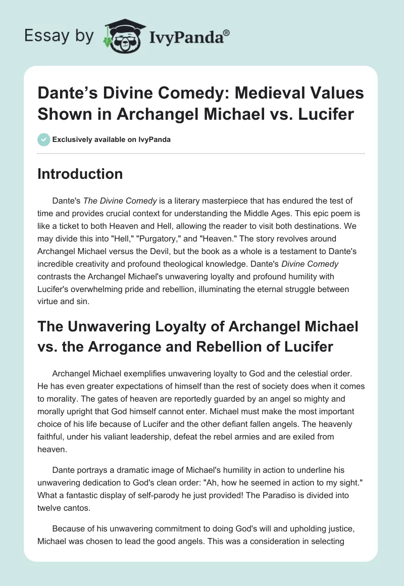 Dante’s Divine Comedy: Medieval Values Shown in Archangel Michael vs. Lucifer. Page 1