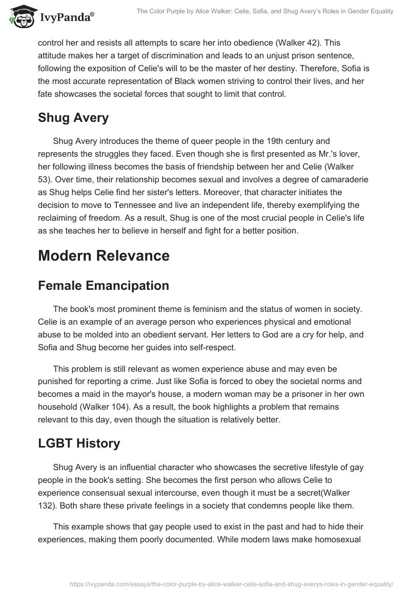 The Color Purple by Alice Walker: Celie, Sofia, and Shug Avery’s Roles in Gender Equality. Page 2