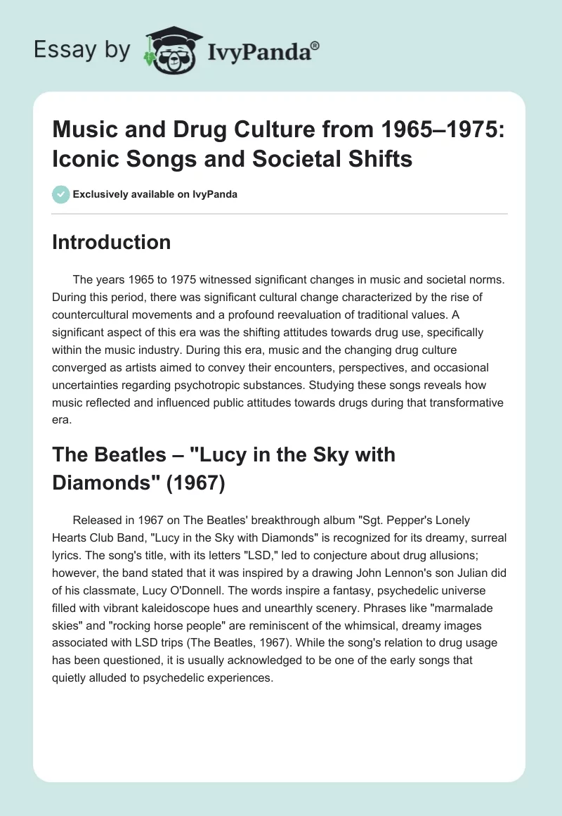 Music and Drug Culture from 1965–1975: Iconic Songs and Societal Shifts. Page 1