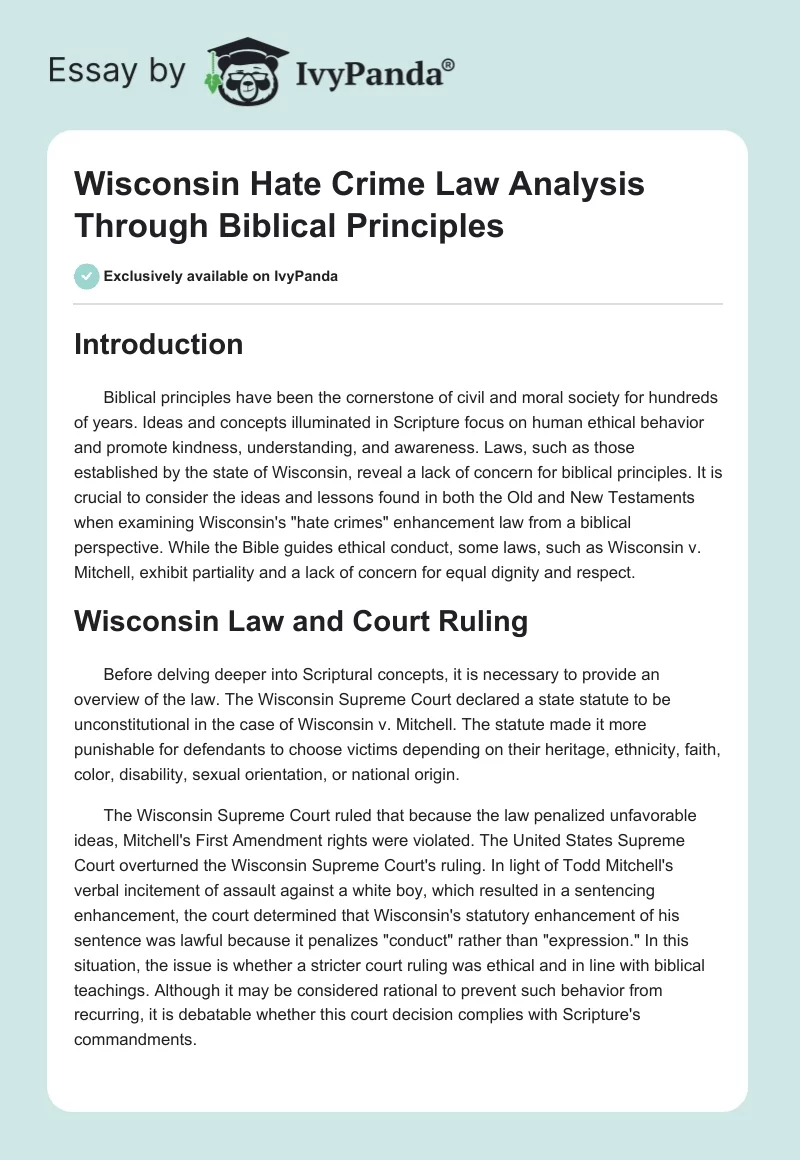 Wisconsin Hate Crime Law Analysis Through Biblical Principles. Page 1