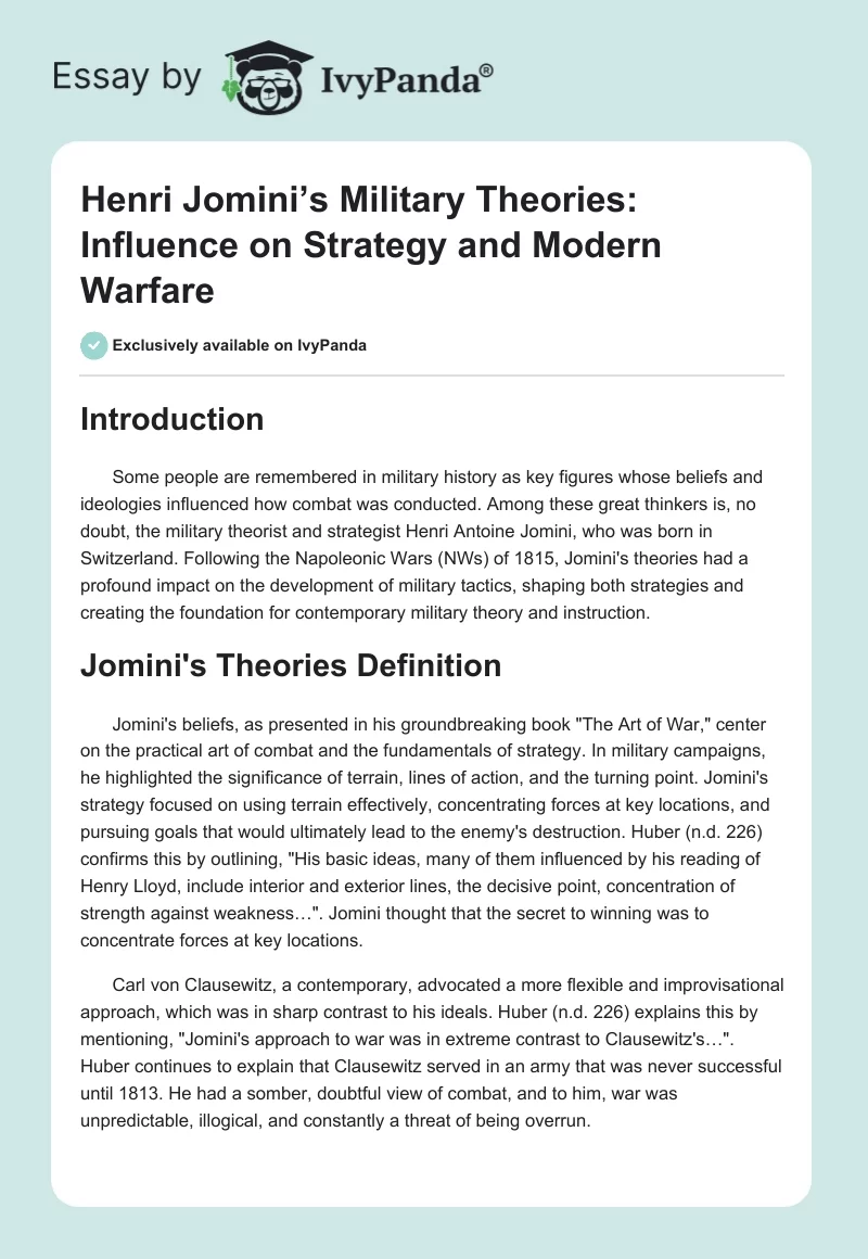 Henri Jomini’s Military Theories: Influence on Strategy and Modern Warfare. Page 1