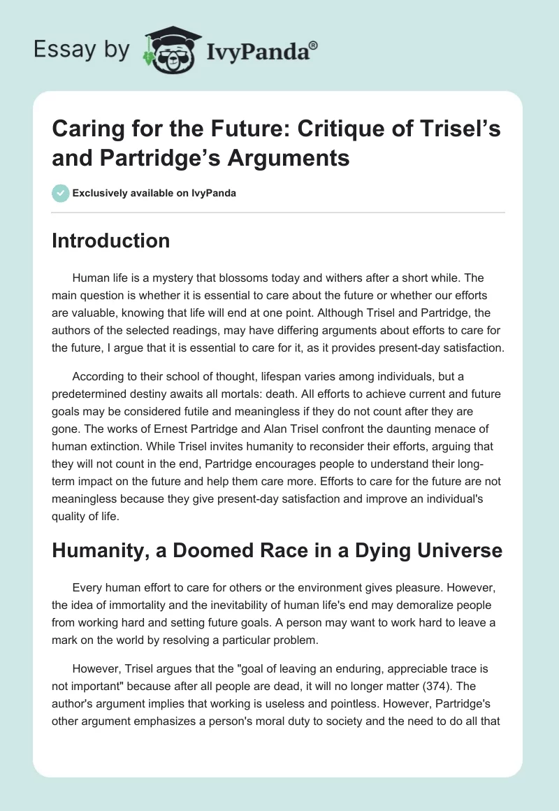 Caring for the Future: Critique of Trisel’s and Partridge’s Arguments. Page 1