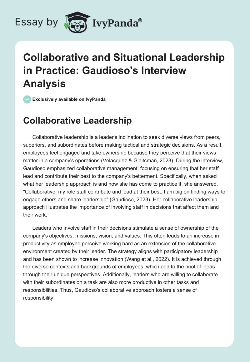 Collaborative and Situational Leadership in Practice: Gaudioso's Interview Analysis. Page 1
