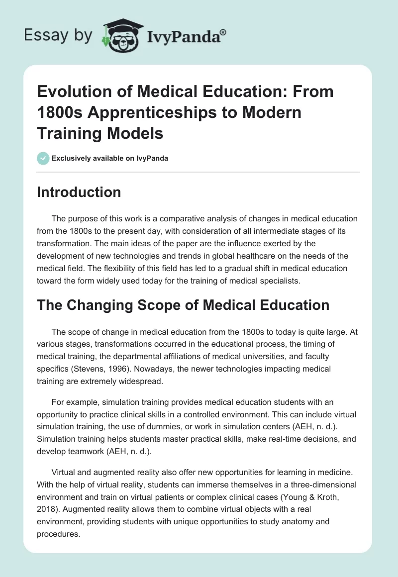 Evolution of Medical Education: From 1800s Apprenticeships to Modern Training Models. Page 1