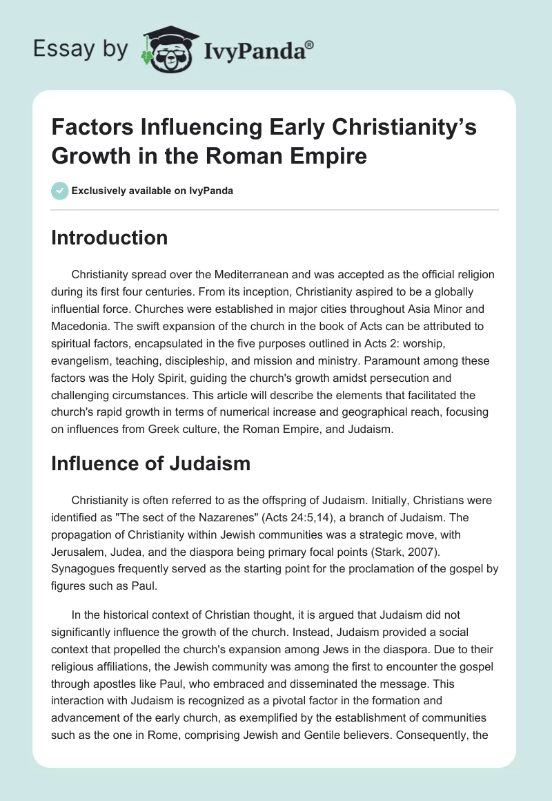 Factors Influencing Early Christianity’s Growth in the Roman Empire. Page 1