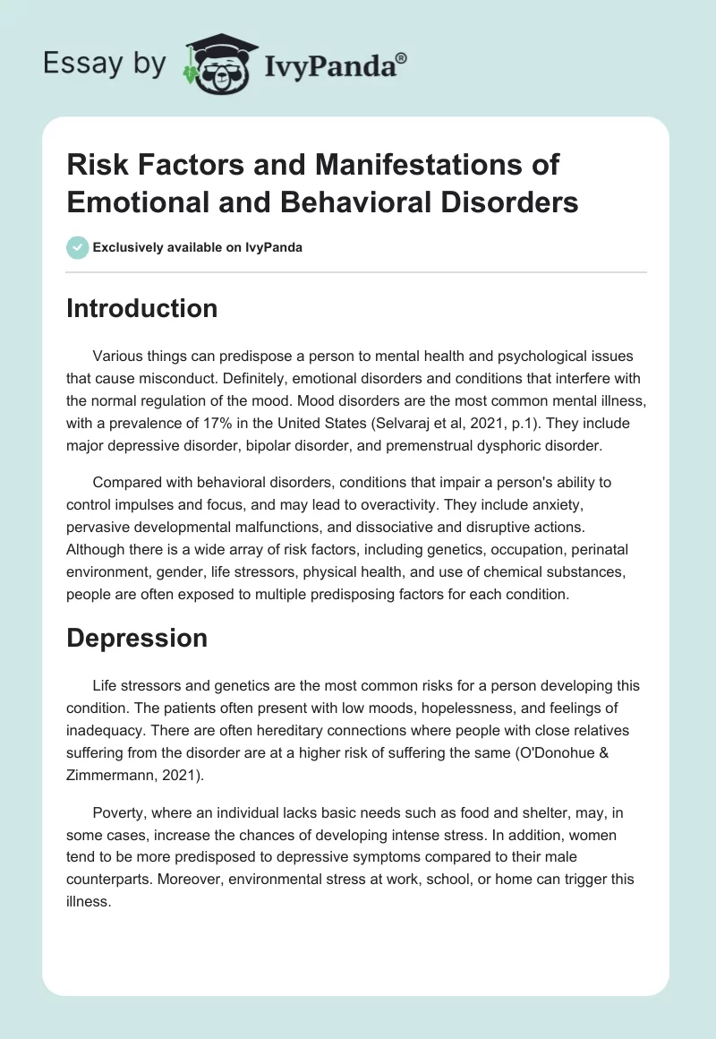 Risk Factors and Manifestations of Emotional and Behavioral Disorders. Page 1