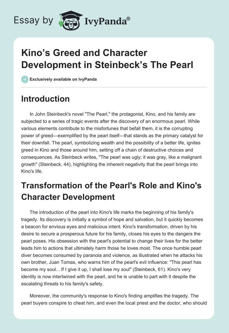 Kino’s Greed and Character Development in Steinbeck’s The Pearl. Page 1