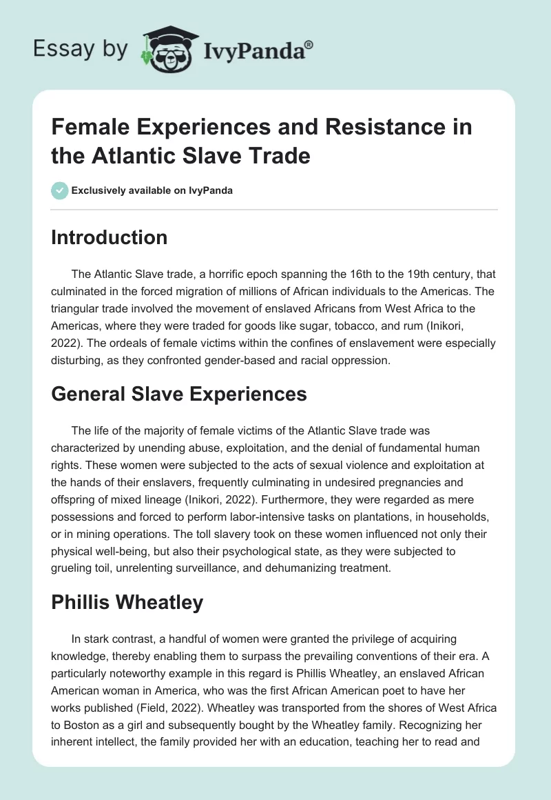 Female Experiences and Resistance in the Atlantic Slave Trade. Page 1