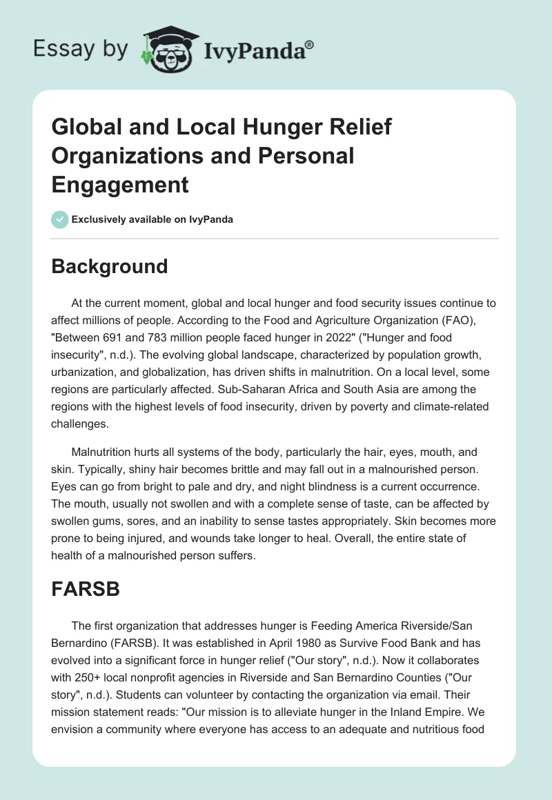 Global and Local Hunger Relief Organizations and Personal Engagement. Page 1