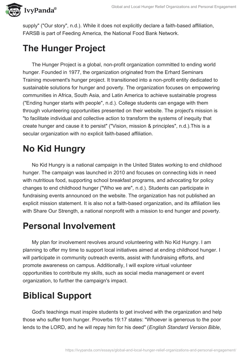 Global and Local Hunger Relief Organizations and Personal Engagement. Page 2