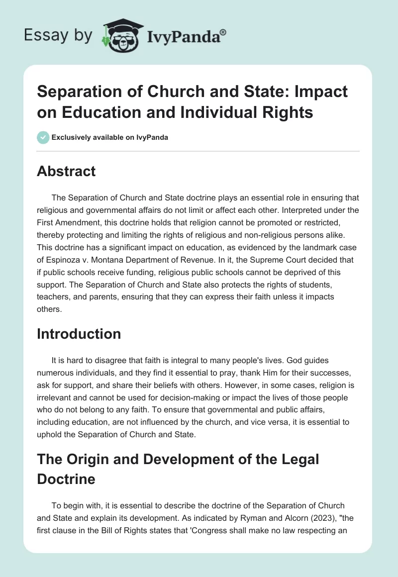 Separation of Church and State: Impact on Education and Individual Rights. Page 1