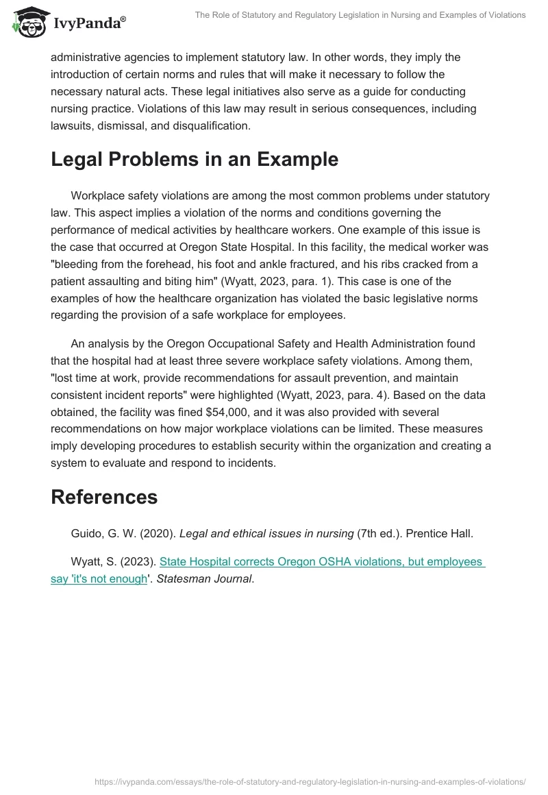 The Role of Statutory and Regulatory Legislation in Nursing and Examples of Violations. Page 2