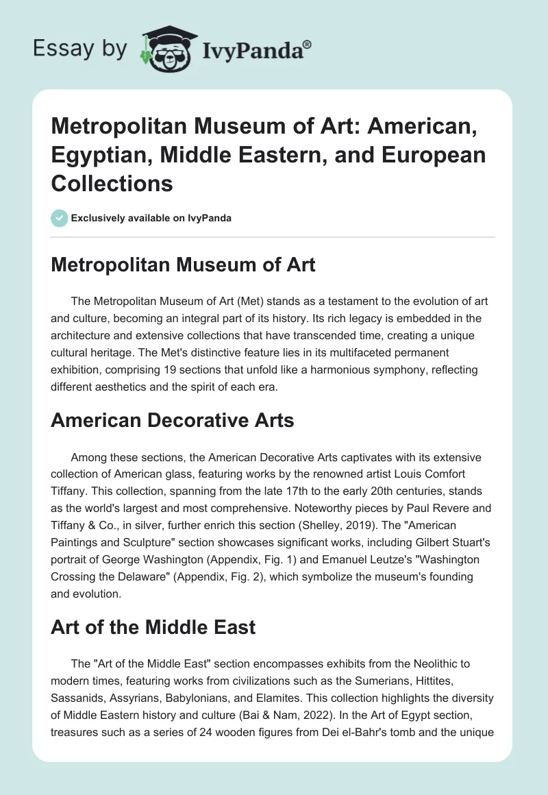 Metropolitan Museum of Art: American, Egyptian, Middle Eastern, and European Collections. Page 1