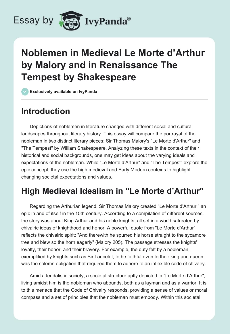 Noblemen in Medieval Le Morte d’Arthur by Malory and in Renaissance The Tempest by Shakespeare. Page 1