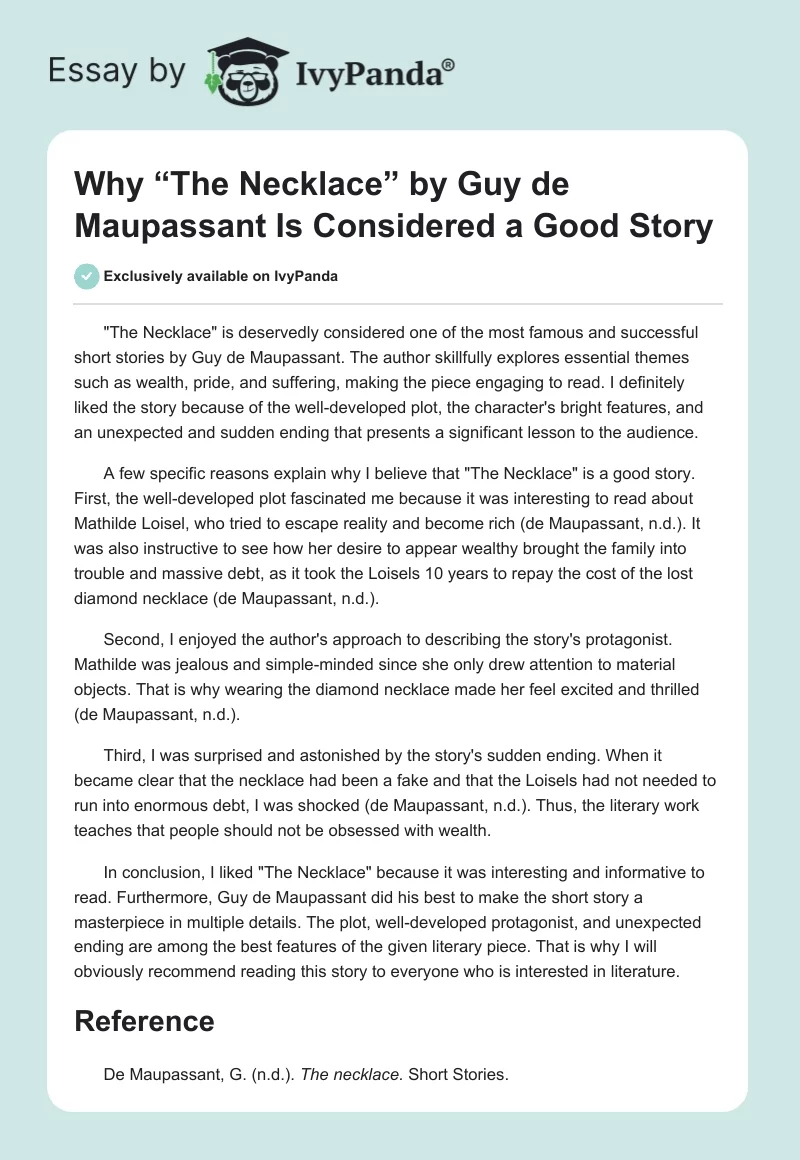 Why “The Necklace” by Guy de Maupassant Is Considered a Good Story. Page 1